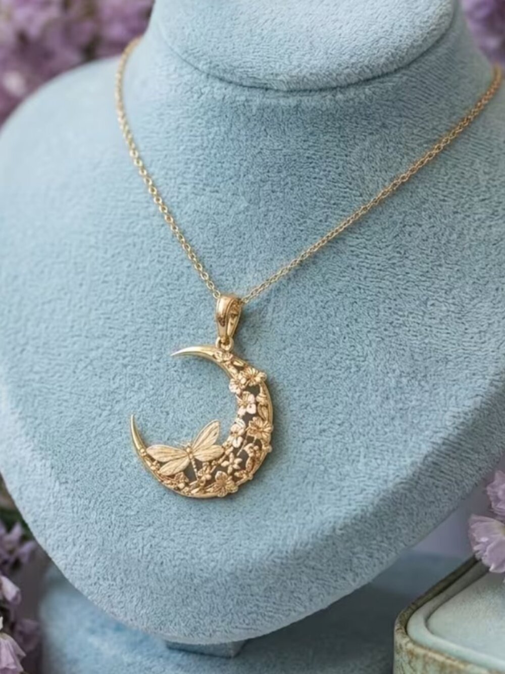 NWT 18K Gold Plated Moon Dragonfly Floral Pendant Necklace Bohemian Celestial - Picture 3 of 4